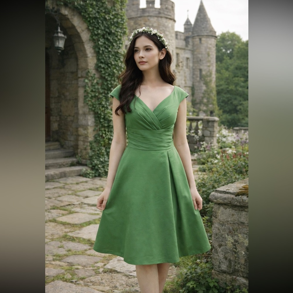 Green Castlecore Knee-Length Dress | Cap Sleeve Romantic Cottagecore Midi